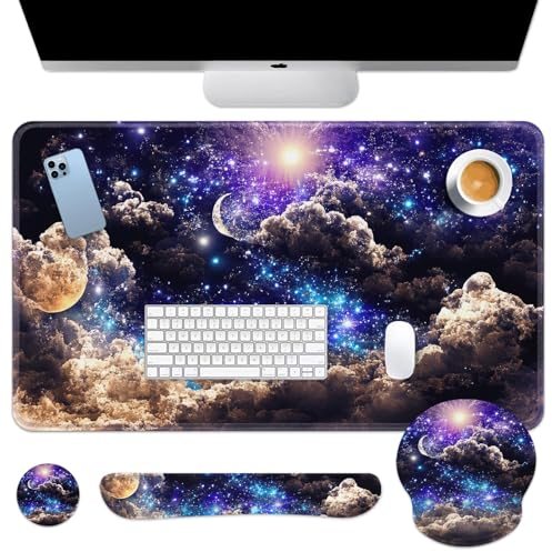 Britimes Ensemble de tapis de souris 4 en 1 avec repose-poignet pour clavier + repose-poignet + dessous de verre - Design ergonomique pour la maison et le bureau - Motif lune et nuit - Bleu - 90 x 40