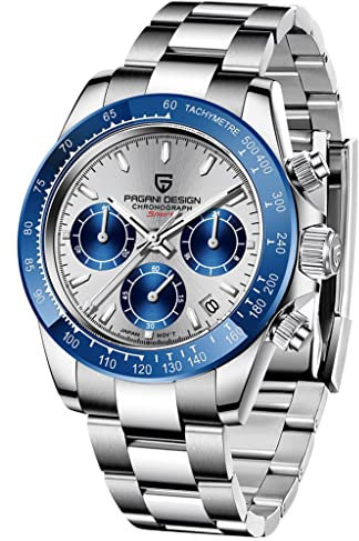 Pagani Design Klassische Quarzuhr für Herren, Japanisches Uhrwerk VK63, Keramik-Lünette, Edelstahl, wasserdicht, Business Sport, Chronograph Datum (Blau-pd1644)