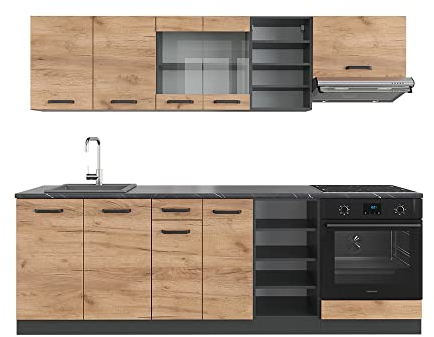 Vicco Küchenzeile R-Line, Küchenblock, Goldkraft Eiche/Anthrazit, 240 cm, AP Marmor
