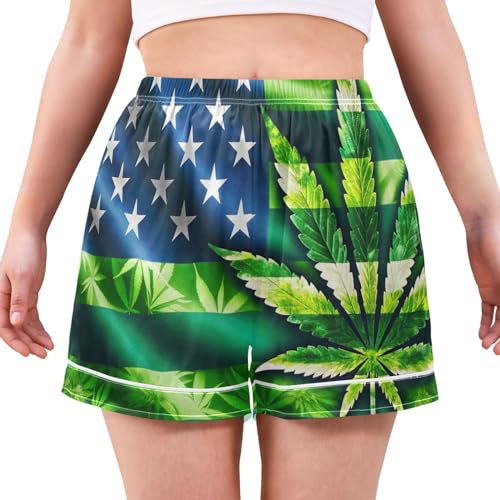 ODAWA Handgezeichnete Damen-Pyjama-Shorts, Lounge-Pyjama-Shorts, Boxershorts, Weiß, Grün gefärbte USA-Flagge, X-Groß