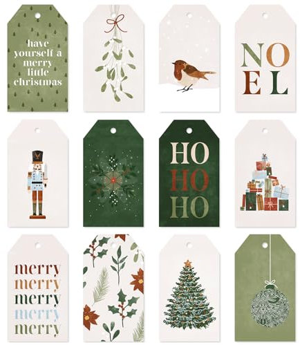 Whaline 120Pcs Christmas Paper Gift Tags Mixed Xmas Tree Nutcracker Hanging Name Tags with Hemp Rope Green Merry Label Tags for Party Favor Decor Supplies, 12 Designs