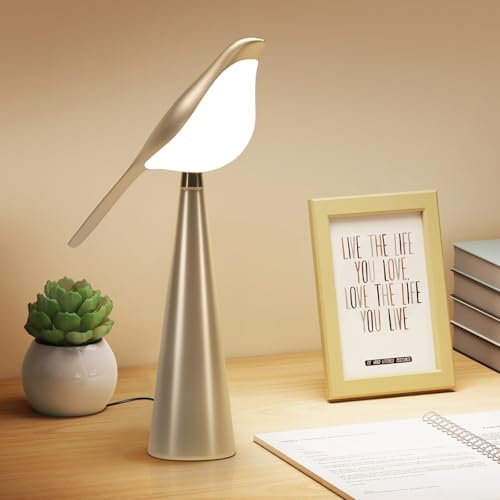 Xhope4u Tischlampe für Schlafzimmer, Vogel-Nachtlicht, 10 Stufen dimmbare Helligkeit, Nachttischlampen, Schreibtischlampe für Wohnheim, Büro, Geschenk, Lesen, 3 Farben, Metall-Finish, Gold, 360°