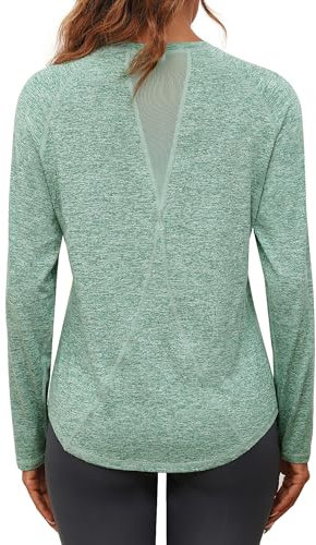 Gyabnw Long Sleeve Sports Tops for Women Gym Wear Yoga Tshirt Running Workout Activewear Pilates Hiking Exercise Green