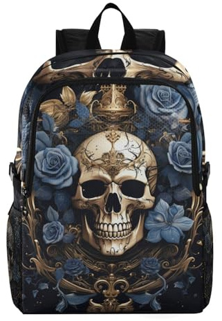 Linnyio Blumenmuster Blauer Totenkopf Faltbarer, Wasserdichter, Leichter Rucksack, Wander-Tagesrucksack, Verpackbar für Reisen Camping
