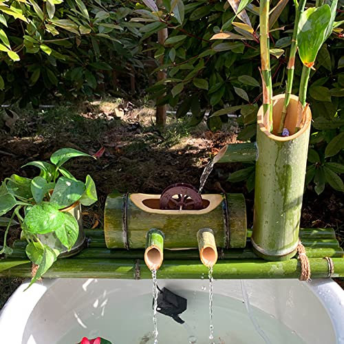 Kit de pompe pour fontaine à eau en bambou entièrement naturel et résistant aux fissures - Ensemble complet d'ornements pour fontaine à eau en bambou - Jardin zen intérieur/extérieur à faire soi-même