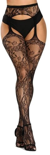 Buitifo Calcetines de red de pesca ajustados con patrón de calcetines de tirantes de cintura alta para mujeres