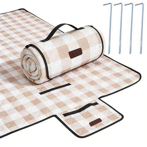 HX&OD Wasserdichte Picknickdecke, 203,2 x 203,2 cm, faltbar, Gingham-Muster, Strand, Camping, Park (Hellbraun)