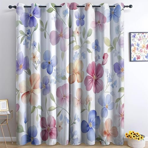 Vorhänge Blickdicht 2er Set Vintage-Aquarell-Blumen Weicher Thermogardinen Kälteschutz Winter Verdunklungsvorhänge B 140 x H 160 cm Ösenvorhang für Schlafzimmer Wohnzimmer Bunt