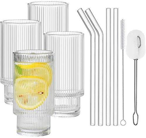 ALINK Juego de 4 vasos de cóctel, vasos de cerveza, vasos de agua, vasos de café helado con pajita, 2 cepillos de limpieza, vasos en forma de lata para familia, camping, fiesta, bar