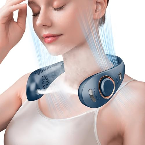 Ventilateur Brumisateur Portable,Ventilateur de Cou Sans Pale et Mains Libres avec Flux d’air à 360°,Collier Ventilo Personnel Casque Ventilateur a Pile 5 Niveaux,Cadeau Pour Femmes et Hommes Bleu