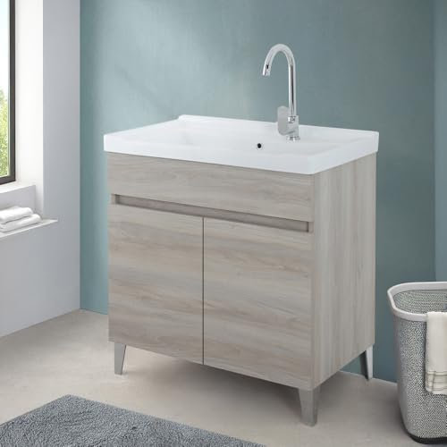 Mobile Lavatoio 79x46,8 Cm Rovere Grigio Con Vasca In Ceramica Dotata Di Zona Strofinatoio, Struttura Già Montata In Legno Nobilitato Con 2 Ante Apribili A Gola