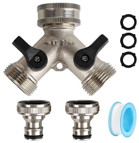 Distribuidor de manguera de jardín de latón, distribuidor de 2 vías, distribuidor de 3/4 pulgadas, distribuidor de agua con 2 adaptadores de grifo para lavadora, cocina, grifos de jardín