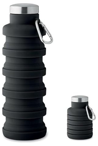Botella de Agua Plegable de Silicona, 500 ml, con Mosquetón, Negra