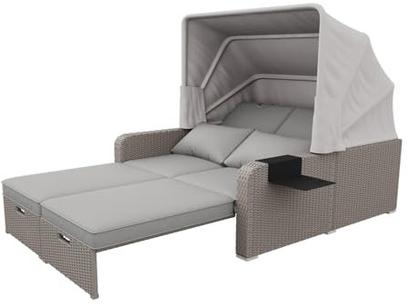 Verstellbares Gartenmöbel 2-Sitzer Sofa mit Sonnenmarkise, Polyrattan Outdoor Loungesessel umwandelbar in Schlafsofa, wetterfestes Gartensofa mit Beistelltisch und Kissen, UV-beständiges Design