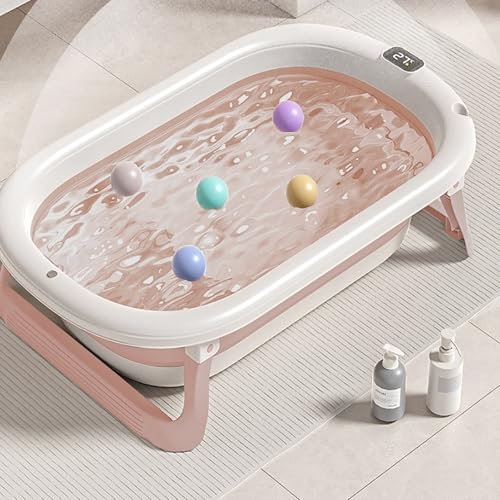 Faltbare Babybadewanne mit rutschfestem Kissen – Tragbares Design für Zuhause und Reisen – Baby-Badesammlung – Faltbare Badewanne BB leicht zu reinigen – A-43 x 71 x 18,5 cm (Rosa)