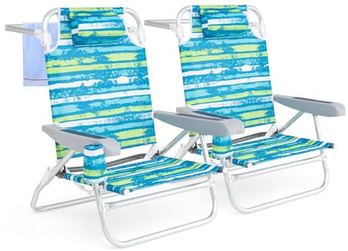 FANTASK Lot de 2 chaises de Plage Pliables, Chaise de Camping, Dossier réglable sur 5 Niveaux, chaises Pliantes avec Dossier réglable, appuie-tête, Porte-gobelet et Porte-Serviettes, Charge jusqu'à