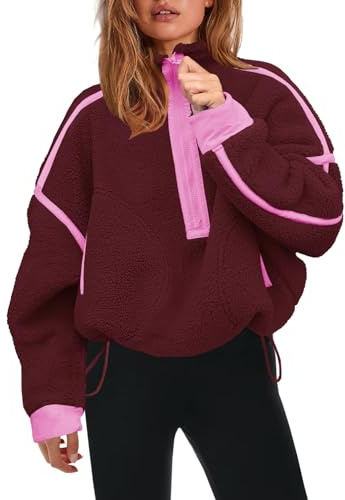 Panadila Womens Half Zip Sherpa Fleece Pullover Soft Oversized Sweatshirt with Pockets Warm Fuzzy Sweater, Burgundy, XS