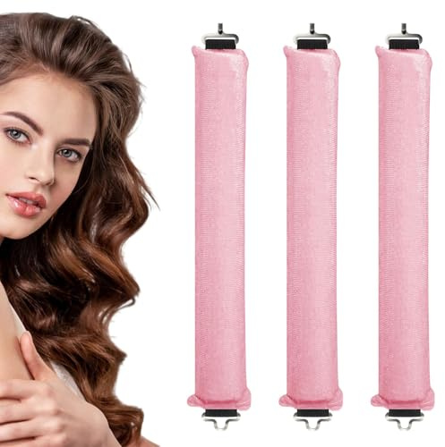 Boucle Sans Chaleur 3 Pcs Bigoudis Cheveux Heatless Hair Curlers pour Overnight Blowout - Boucles de Nuit avec Crochets - Bigoudi Boucleur Rouleaux pour Divers Types de Cheveux (Rose)