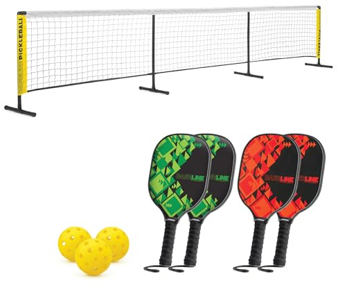 Baseline Kids Pickleball 4 Player Set, FSC Wooden Paddle Bats with Net and Balls, Outdoor and Indoor Family Game for Kids and Adults