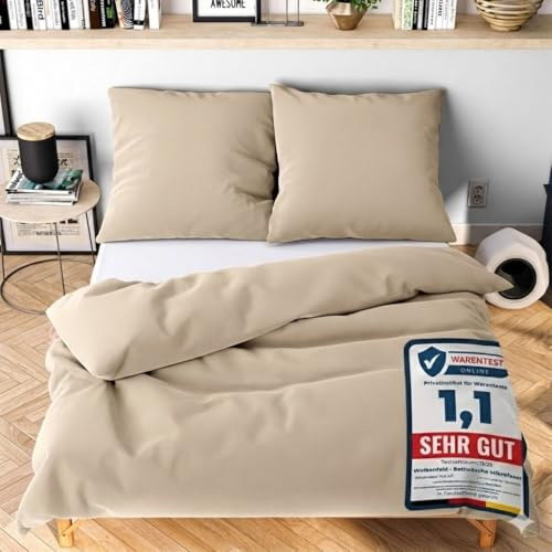 Wolkenfeld Bettwäsche 200x220 cm 3teilig – Beige - kuschlig weich & bügelfrei – ÖKO-TEX Zertifiziert – Mikrofaser Bettwäsche-Sets 1x Bettbezug 220x220 + 2X Kissenbezug 80x80