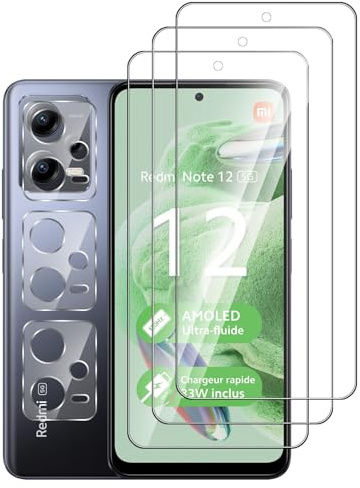 Pcircb [3+3 Pièces Verre Trempé Compatible avec Redmi Note 12 5G vitre protection, 3pcs protection écran et 3pcs Caméra Arrière Protecteur, 9H Dureté, HD, Sans Bulles