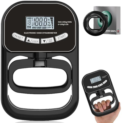 Dinamometro Digitale Manuale, 180 kg/396 libbre, Display LCD, con Anelli in Silicone 70-80 libbre, Misuratore Forza di Presa Elettronico, Nero
