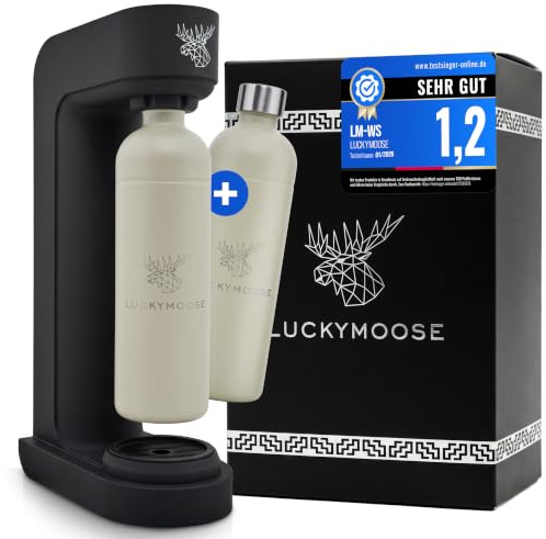 Luckymoose Infinity Wassersprudler mit 2x 1,25L langlebigen, spülmaschinenfesten Edelstahlflaschen – CO₂-sparende Sprudelwasser Maschine – Kompatibel mit den blauen 60l CO₂-Zylindern