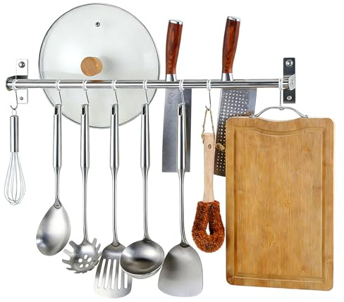Apradas 40cm Kitchen Rail with 8 Hooks, Kitchen Utensil Holder Self Adhesive & Drill, Stainless Steel Utensils Wall Holder for Pan Utensil Spoon Turner