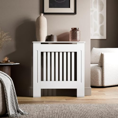 RADIANT LIVING Radiator Cover Vertical Slat Design, Modern White MDF Radiator Cabinet for Living Room & Bedroom, Small 78 x 81.5 x 19cm