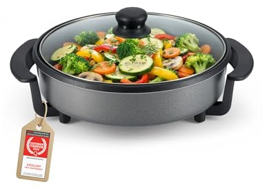 TZS First Austria - Elektrische Multipfanne 1,8L - Ø30cm - 1500W - 5 Temperatureinstellungen - 240°C Thermostat & Glasdeckel - Partyfanne mit Antihaftbeschichtung - Grau