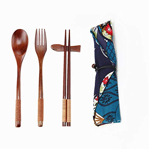 Ecloud Shop® Handmade Japanese Style Natural Wooden Tablewares Set (1 Spoon, 1 Chopsticks, 1 Fork, 1 Chopsticks Holder, 1 Tableware Bag Japanese Style Blue Black Pattern)