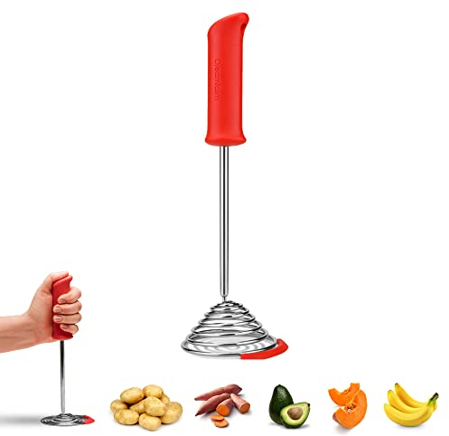 Dreamfarm Smood | One-Handed Press Stainless-Steel Spring Coil Vegetable and Potato Masher with Soft Grip Silicone Pot Bowl Scraper | Fire Truck Red