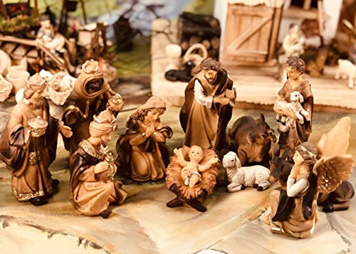 BTV Große historische Design Figuren für große Weihnachtskrippen aus Holz Echtholz-Optik 12-teilig 15 cm KFX-HO edle Holzfiguren-Optik handbemalt und GEBEIZT - präsise saubere Gesichtszüge,