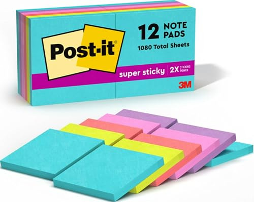 Post-it Super Sticky Notes, 3 x 3 in, Supernova Neons, 12 Pads