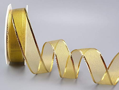 20 m x 25 mm Dekoband LUX GOLD glänzend transparent Schleifenband Geschenkband mit Draht Drahtkantenband Weihnachten metallisch mit Glanz Kante elegant Christmas Ribbon metallic