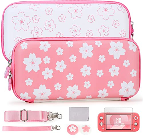 Tscope Joli étui de transport pour Nintendo Switch Lite, rose Sakura à coque rigide portable pour filles, avec protecteur d'écran en verre et capuchons pour les pouces (Switch Lite rose)