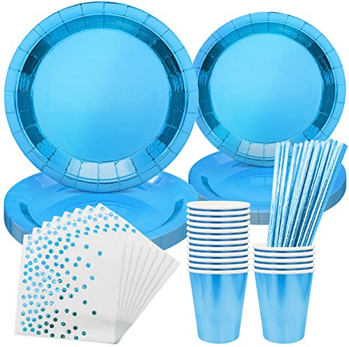 YHSKJCD 99 Pièces Vaisselle Jetable Anniversaire Bleu, Ensemble de Vaisselle Anniversaires Bleu Serviette Papier Tasse Assiette Dîner Pailles pour Ajouter Le Thème de l'Atmosphère de Fête