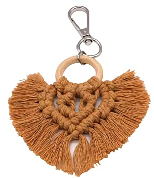 Mini Quaste Schlüsselanhänger Boho Makramee Schlüsselanhänger Herz Tasche Charms Niedliches handgefertigtes Zubehör für Autoschlüssel Geldbörse Handy Geldbörse, braun, One size