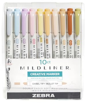 Zebra Pen Mildliner Double Ended Highlighter Set, Chisel and Bullet Point Tips, Assorted Neutral and Gentle Ink Colors, 10-Pack (78701)