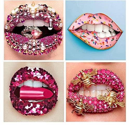 DCIDBEI 30 x 30CM 4er Pack Diamond Painting Gothic, Diamant Malerei Gemälde Lippenstift, Gelegenheitsspiel, Grusel Party Geschenk || Bar Wohnzimmer Schlafzimmer Dekoration || übertriebene Lippen