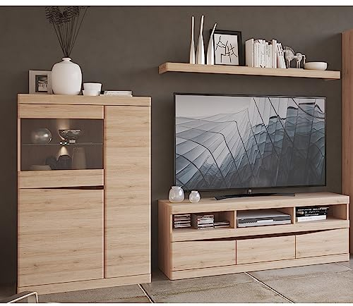 TV Media Wand Wohnwand 250 cm breit Mediamöbel Lowboard Wandboard Highboard mit Beleuchtung in Eiche Nb. grifflos