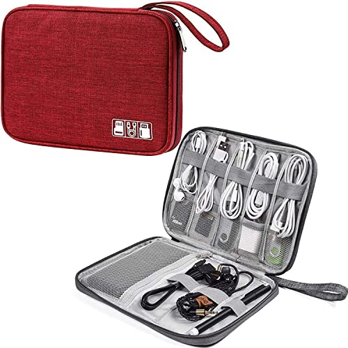 ACOPTON Small Electronic Accessories Organizer, Universal Compact Travel Digital Accessories Storage Bag for Portable Charger, Cables, Earphone, Cord, SD Card, Phone (Red)