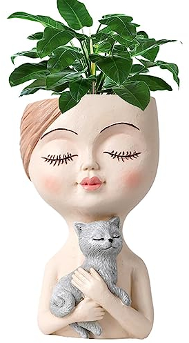 Fukamou Blumentopf Mit Gesicht | Niedlich Mädchen Und Katze Pflanzgefäß | Harz Damen Gesicht Kopf Pflanztopf Mit Drainage Loch | Blumentopf Pflanzgefäß Für Wohnzimmer Tisch.