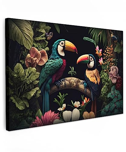 MuchoWow© Bild auf Leinwand Groß 120x80 cm XXL Schlafzimmer Bilder Wand Deko Wohnzimmer Modern Wanddeko Bilderwand Geschenk Vogel - Blumen - Pflanzen - Dschungel - Schwarz - Tukan - Natur - Grün