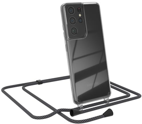 EAZY CASE - Handytasche zum Umhängen - kompatibel mit Samsung Galaxy S21 Ultra, Handyhülle mit Band, Transparent Kameraschutz und Bildschirmschutz, Lanyard in Schwarz/Anthrazit mit Clips Schwarz