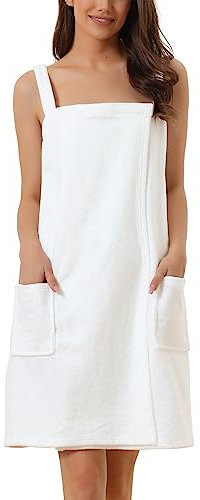 cheibear Damen Bademantel Kleid Frottee Saunakilt Saunatuch mit Tasche und Klettverschluss Spa Dusche Handtuch Bademantel Weiß S