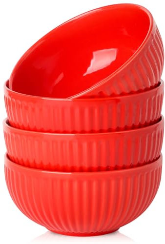 Hasense Large Ceramic Serving Bowls 42 Oz - 7 Inch Salad Bowl Set of 4 for Kitchen,Modern Ribbed Porcelain Dishes for Entertaining,Soup,Pho,Pasta,Cereal, Noodle - Dishwasher & Microwave Safe, Red