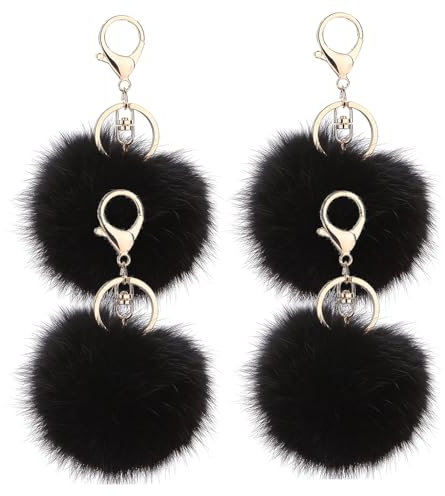 JK Home Lot de 4 Porte-clés Pompon en Fausse Fourrure Pendantif pour Sac à Main Voiture Bagage Porte-clé Saint-Valentin Anniversaire Noir