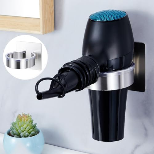 XILIMEN Hair Dryer Holder Wall Mounted, Stainless Steel Hairdryer Station, Hair Blow Dryer Rack Tool Organizer, Adhesive Hair Dryer Stand for Bathroom Barber Shops, Hair Dryer Storage