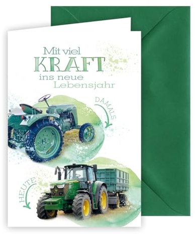 KE - Glückwunsch-Karte zum Geburtstag für Männer, mit Umschlag, DIN B6, Geburtstagskarte Mann, Motiv: Oldtimer Traktor - Moderner Traktor